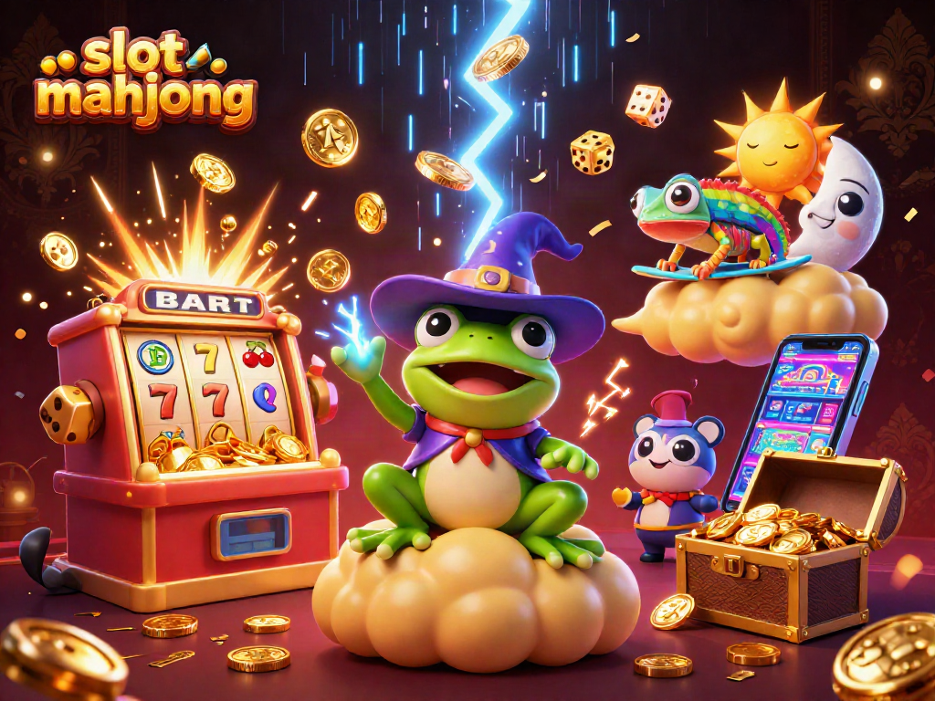 Engage with slot mahjong in this vibrant and dynamic 3D casino illustration bursting with excitement.