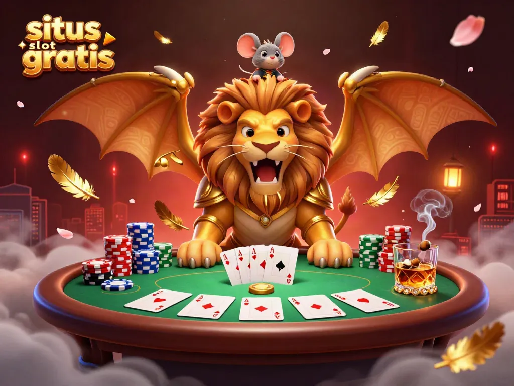 Play and win at situs slot gratis with a chimera creature and poker elements in a vibrant casino scene.