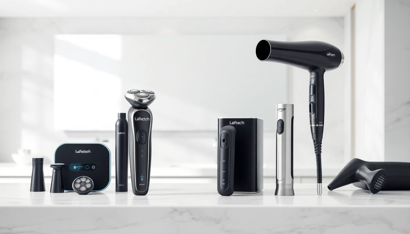 Showcase of Laifentech's sleek electric shavers and hair dryers in a modern bathroom setting.