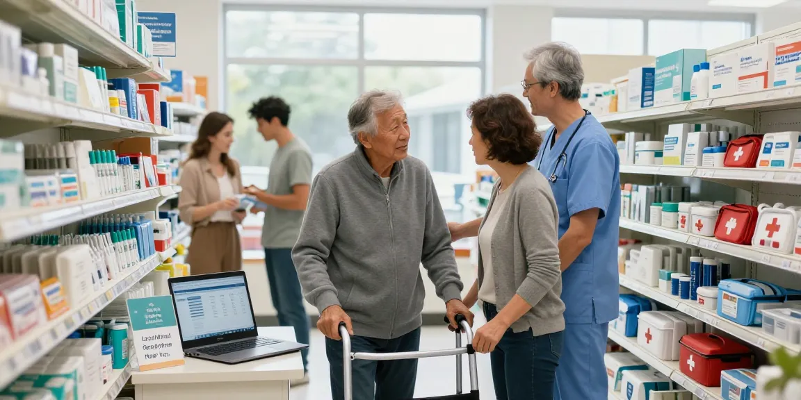 Medical supply near me, professionals assisting patients with mobility aids in a bright, organized store.
