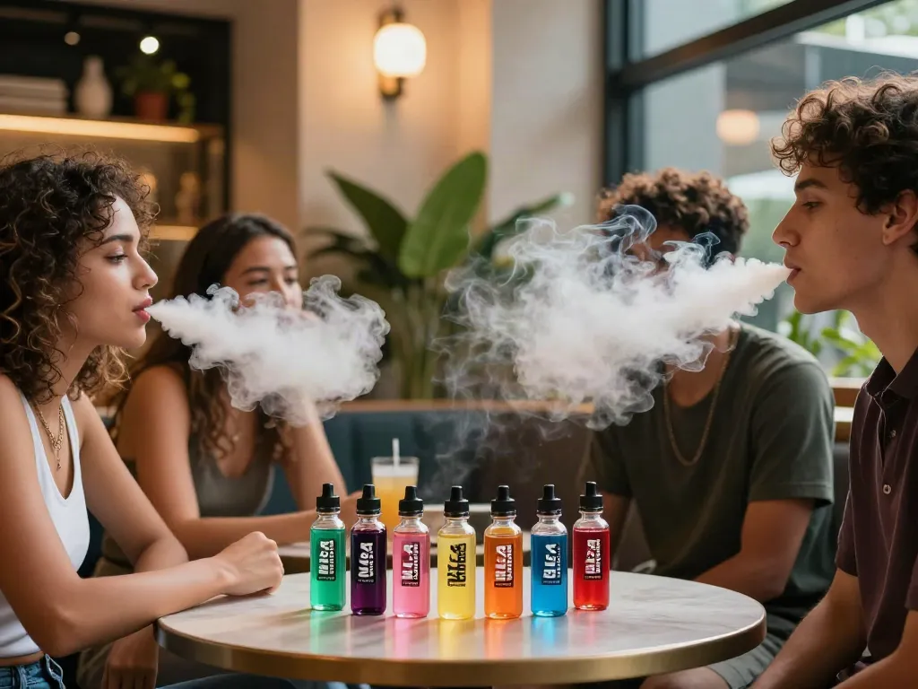 Enjoying Alt Zero E-Liquid 100mls in a vibrant urban lounge with friends.