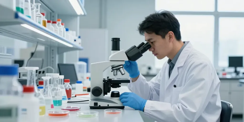 KLOW peptide analysis in a modern research lab, showcasing a scientist examining the blend under a microscope amidst laboratory tools.