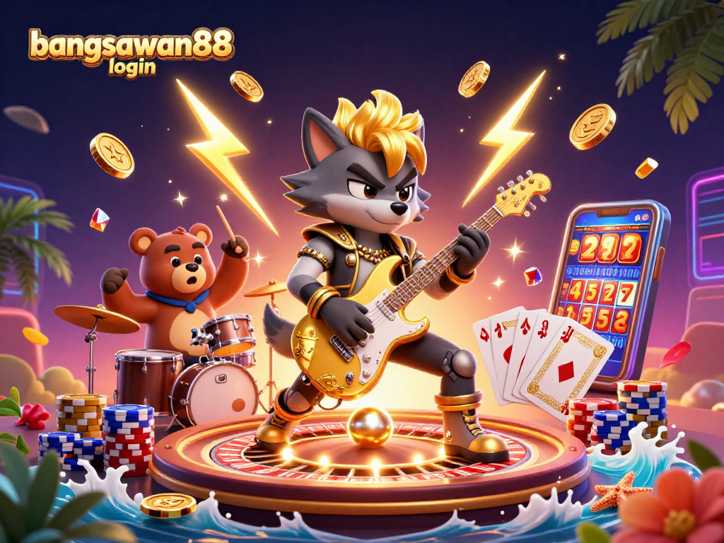 Experience the action with bangsawan88 login as a vibrant rock star wolf and drummer bear entertain on the casino stage.