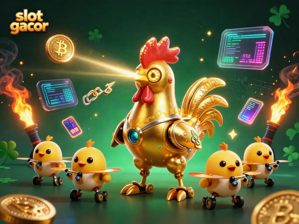 Experience thrilling slot gacor gameplay with golden rooster robot and crypto elements.
