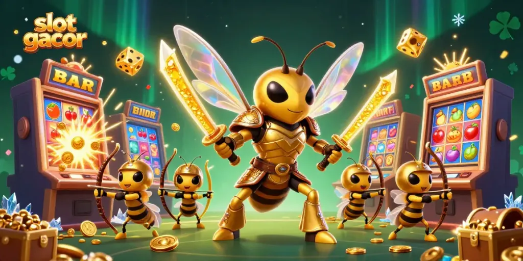 Engage with slot gacor through a vivid 3D illustration of a golden hornet samurai in a dynamic casino scene.