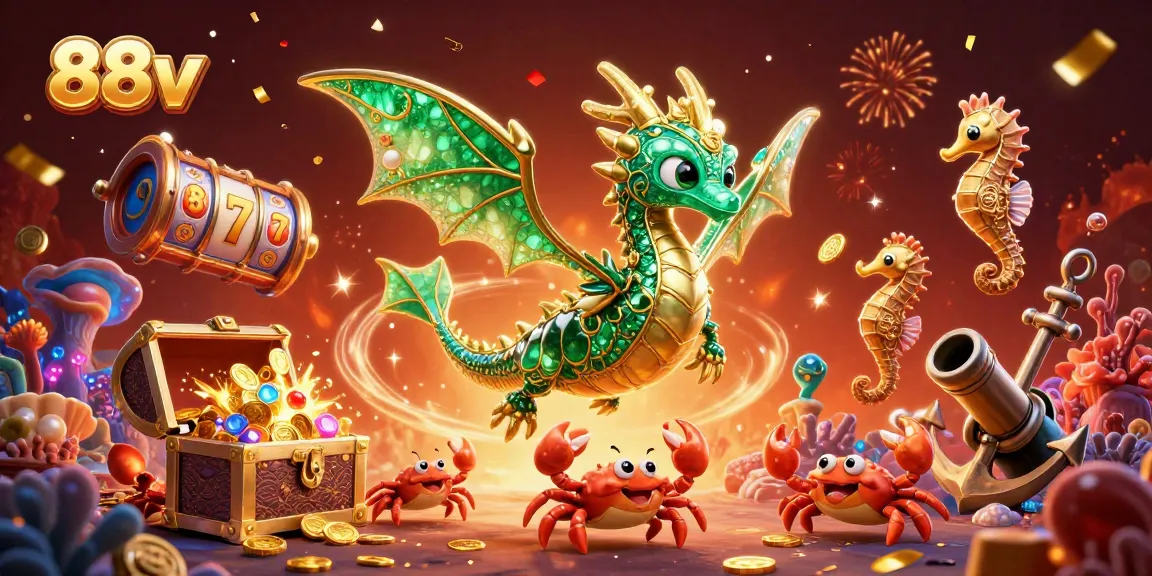 Engage with 88vv's treasure-filled sea adventure featuring vibrant slot elements and enchanting gold dragon.