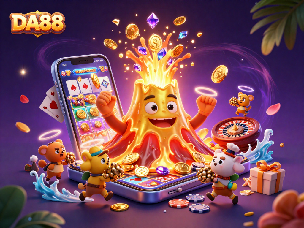 Engage with DA88's vibrant casino offerings as golden treasures erupt from an animated volcano.