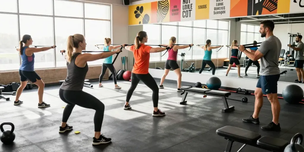 Group workout session showcasing muscle growth peptides Canada in a vibrant gym, featuring energetic participants and modern fitness equipment.