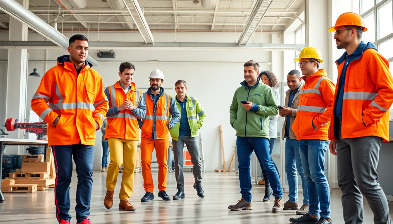 Professionals wearing diadora abbigliamento lavoro showcase modern and durable workwear in a vibrant office setting.
