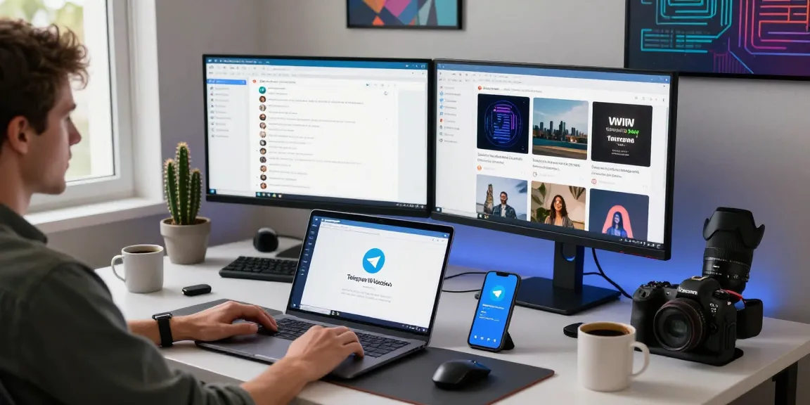 Using Telegram Web Version on a sleek laptop with engaging interface in a modern workspace.