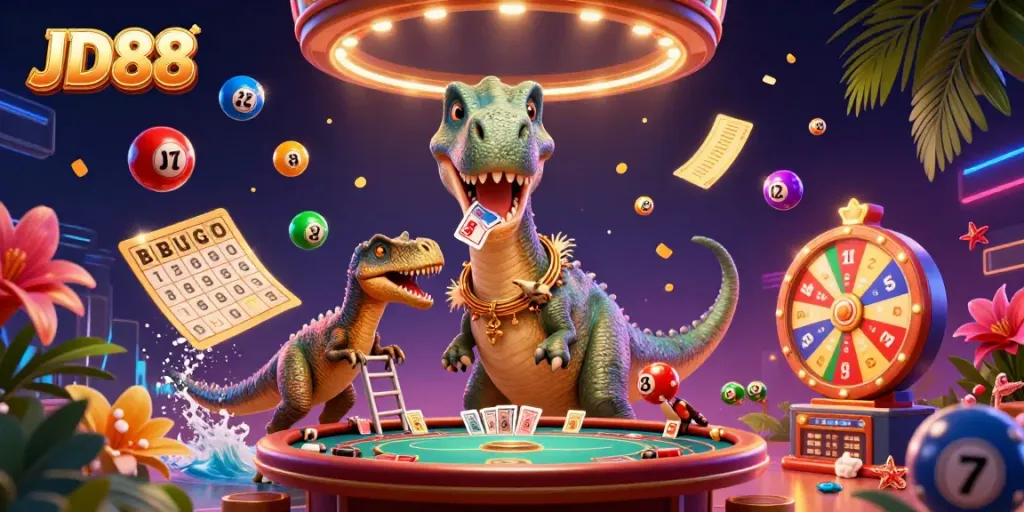 JD88 casino scene featuring a giant brontosaurus and clever raptor dealing cards amid colorful lottery balls.