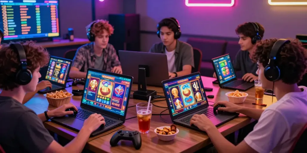 Friends enjoying a lively gaming session with slot gacor games glowing on their screens.