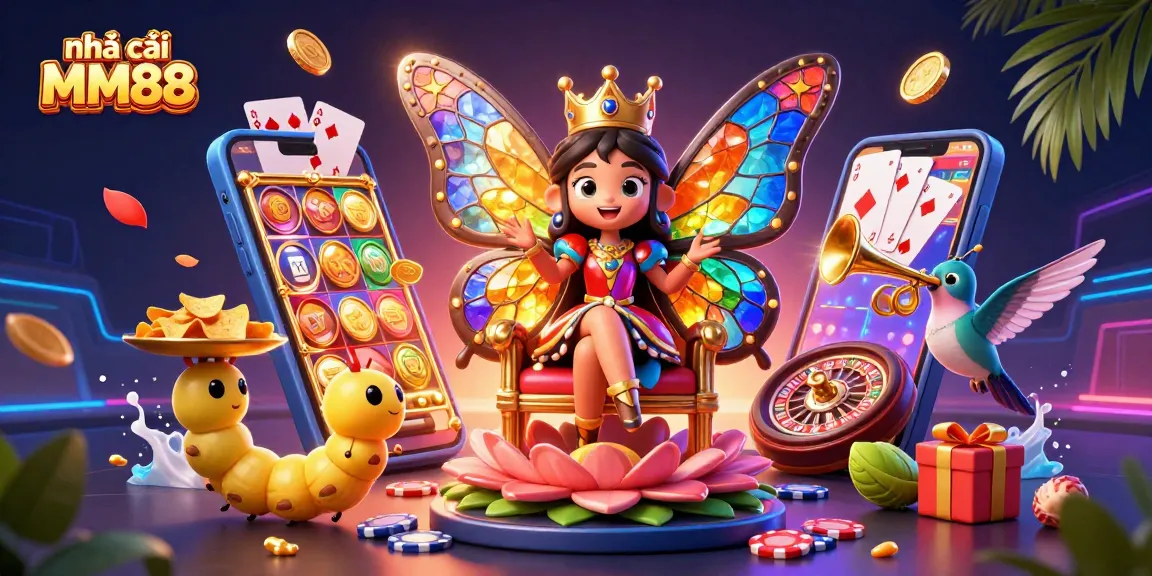 Engage with nhà cái MM88 featuring a vibrant butterfly queen and casino-themed elements.
