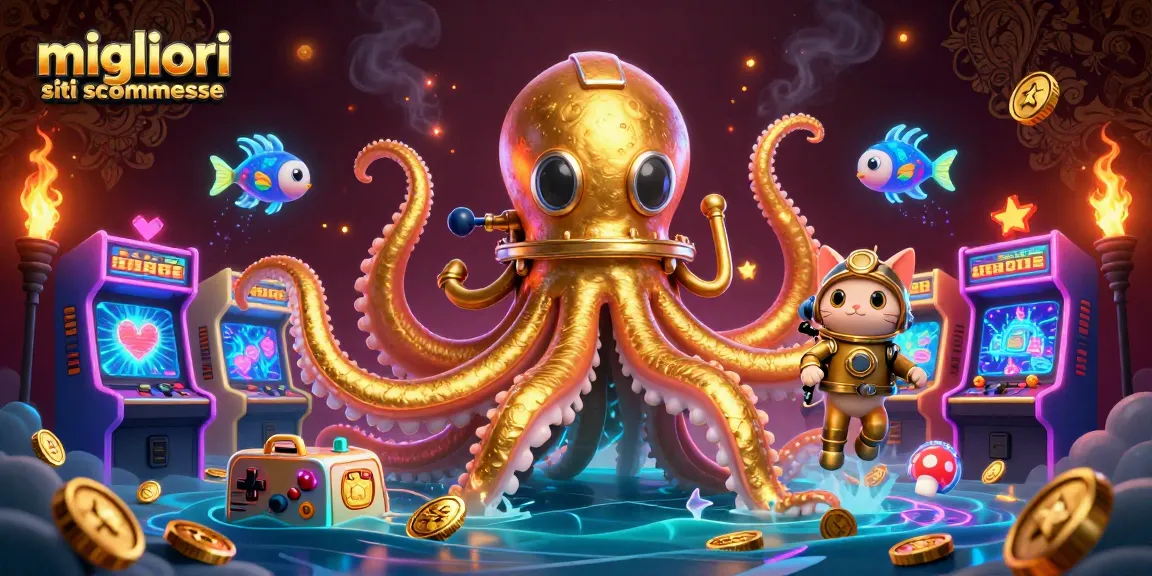 Scopri i migliori siti scommesse con l'illustrazione di un kraken e un gatto subacqueo in un ambiente di gioco dinamico.