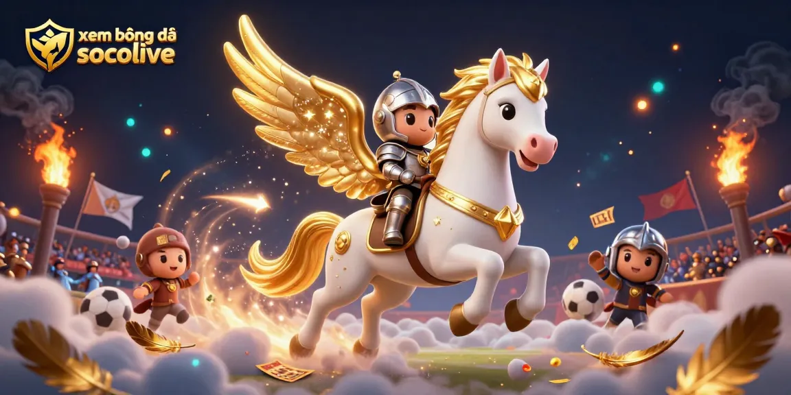 xem bóng đá socolive with a spirited knight riding a celestial horse amidst dynamic sports betting action and stadium atmosphere
