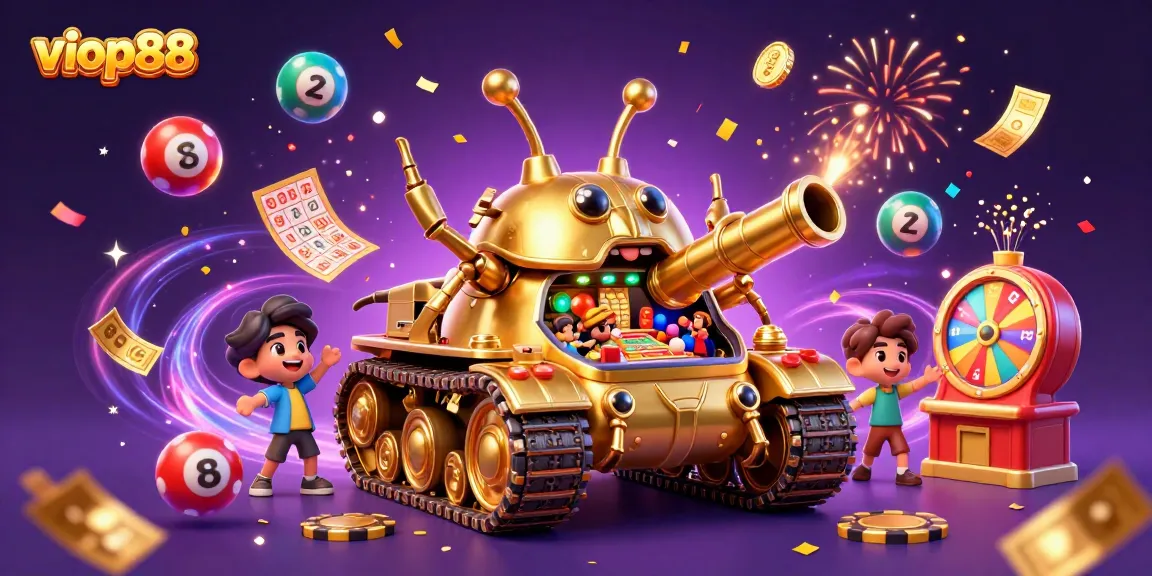 Experience the vibrant excitement of viop88 with a dynamic 3D illustration featuring a golden beetle tank casino, confetti, and lottery elements.