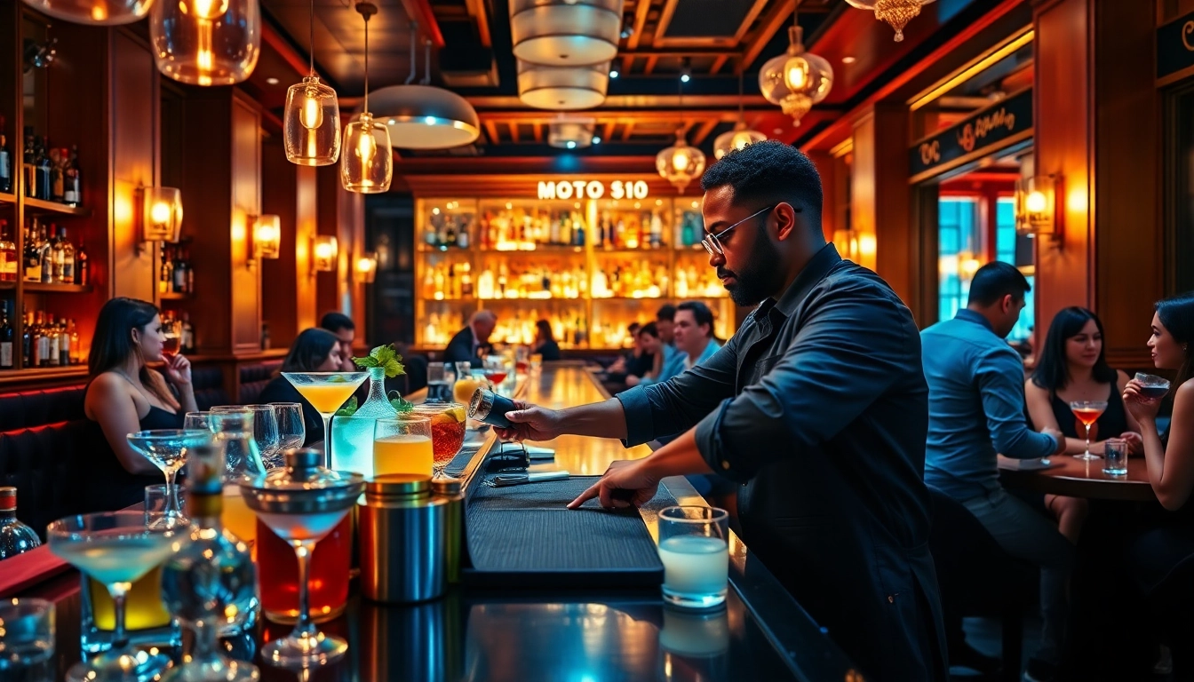 Enjoying a cocktail at the elegant Bar while a bartender prepares drinks.