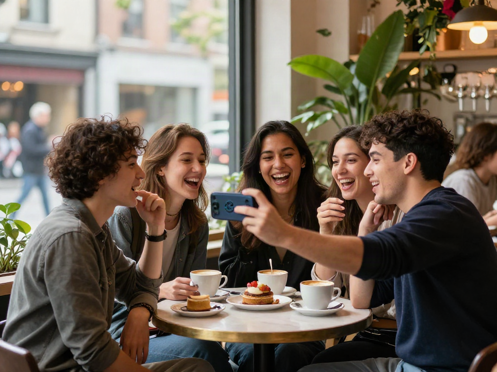 How old do I look? Friends laughing in urban café while using age prediction app.