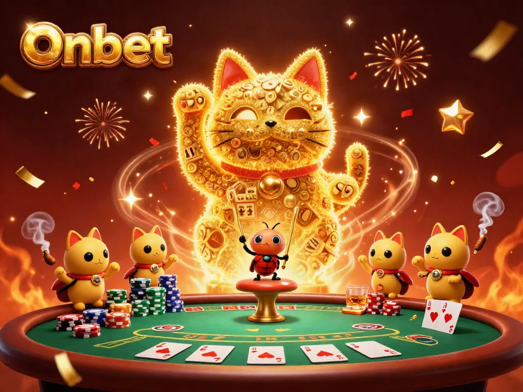 Engage in thrilling Onbet gaming with a lively lucky cat illustration amidst poker scenes.
