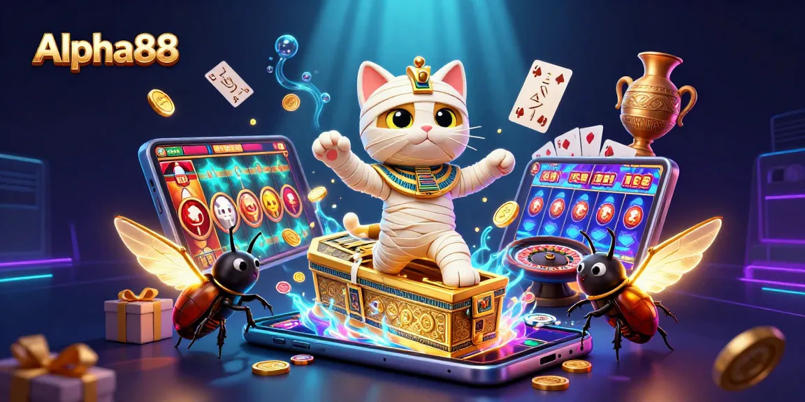 Alpha88's vibrant casino scene with a cartoon mummy cat and golden scarab, showcasing exciting slot games.