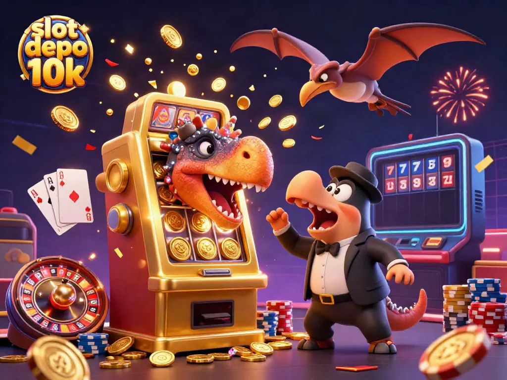 Experience the thrill of slot depo 10k with an exciting illustration of jackpot celebration, featuring animated characters and vibrant casino elements.