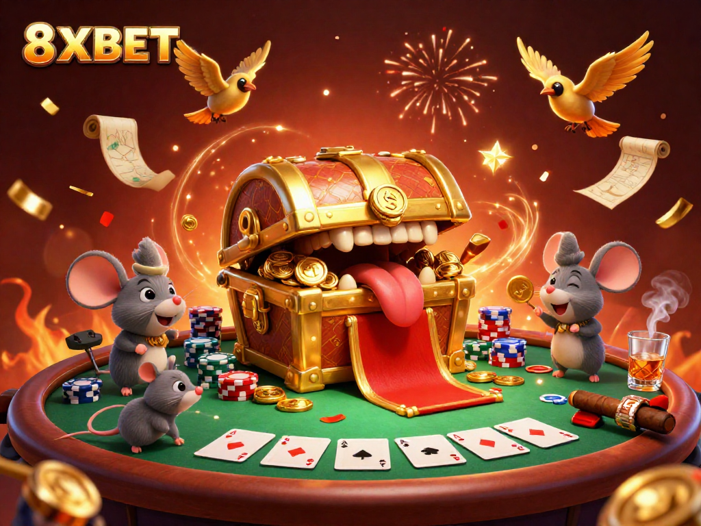 Experience the thrill of 8XBET with a vibrant illustration showcasing a treasure chest and poker elements.