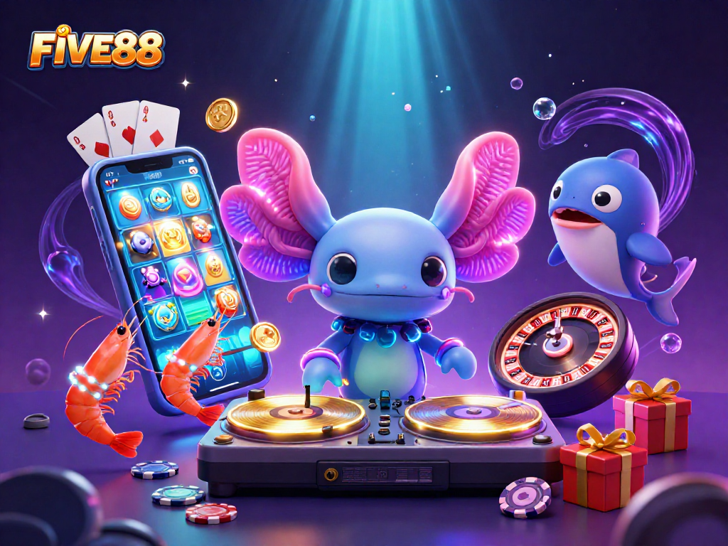 Experience the excitement at FIVE88 with a vibrant illustration of a neon axolotl DJ, immersive casino elements, and playful sea creatures.