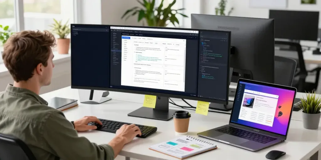 A professional web developer working on a website link design at a modern desk.