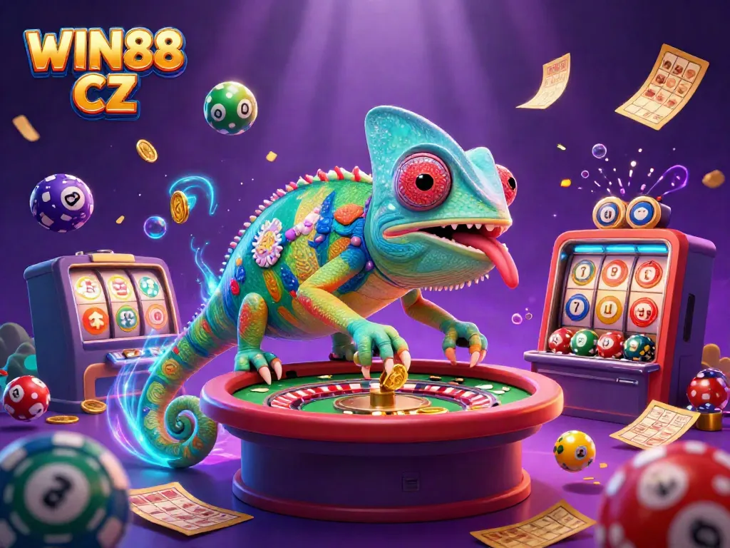 Experience immersive fun with WIN88 CZ, featuring vibrant slots, a colorful chameleon casino owner, and dynamic game elements.