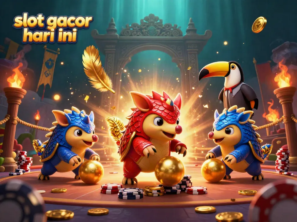 Melihat pangolin bersaing dalam permainan slot gacor hari ini, dikelilingi oleh koin emas dan elemen kasino lainnya.