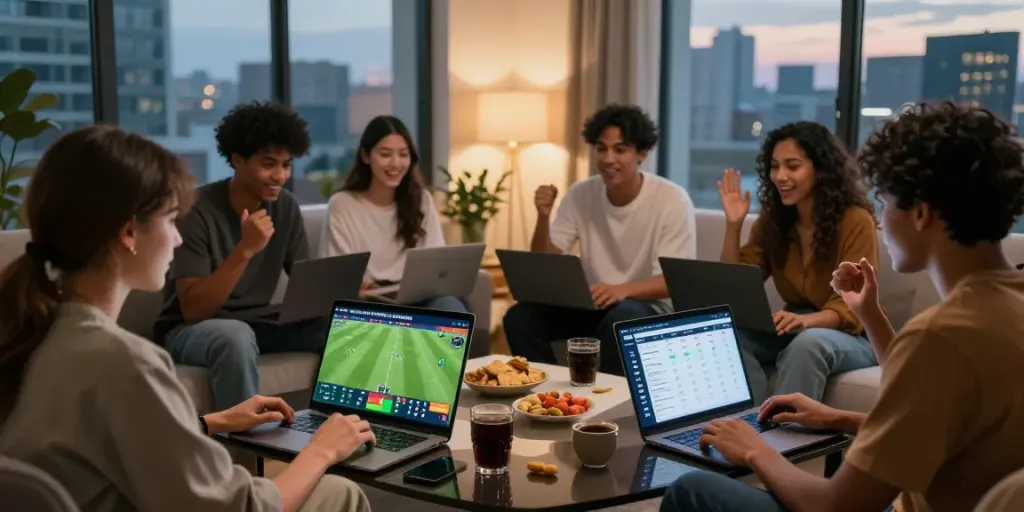 Excited friends analyzing soccer matches on the WWBOLA platform in a cozy setting.