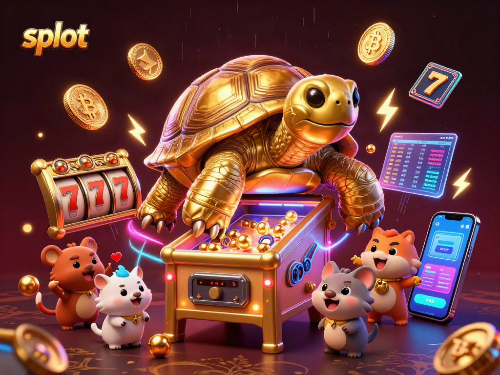 Spin the slot reels with golden tortoise in a vibrant casino scene filled with crypto elements.