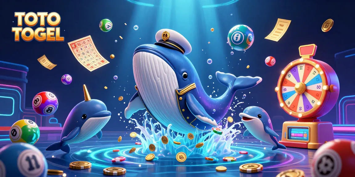 TOTO TOGEL vibrant lottery scene with whale, narwhal, dolphins, and bouncing colorful balls