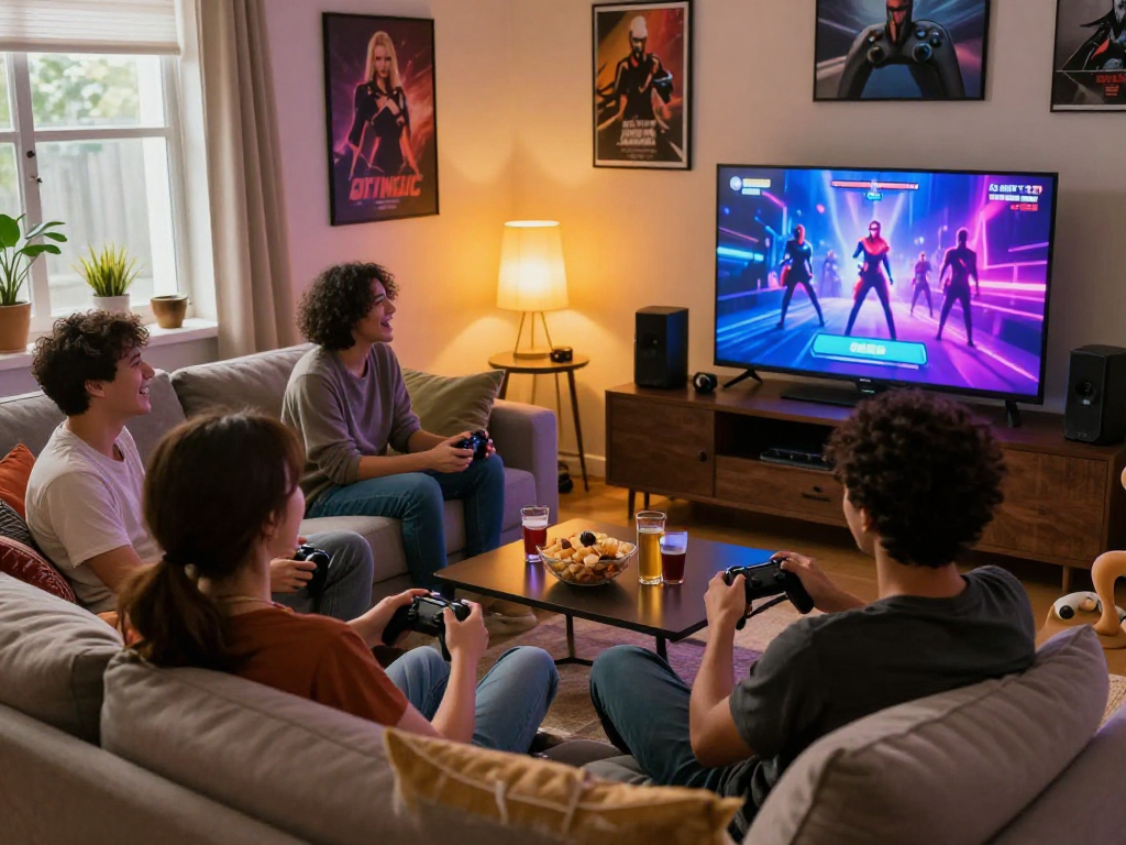 Players engaged in a real sex game, enjoying a cozy gaming session with laughter and snacks.