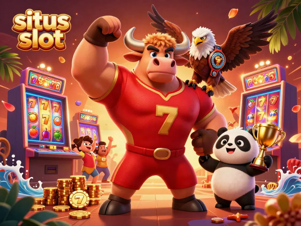 Gambaran kemenangan di situs slot dengan karakter kasino yang penuh energi dan elemen permainan.