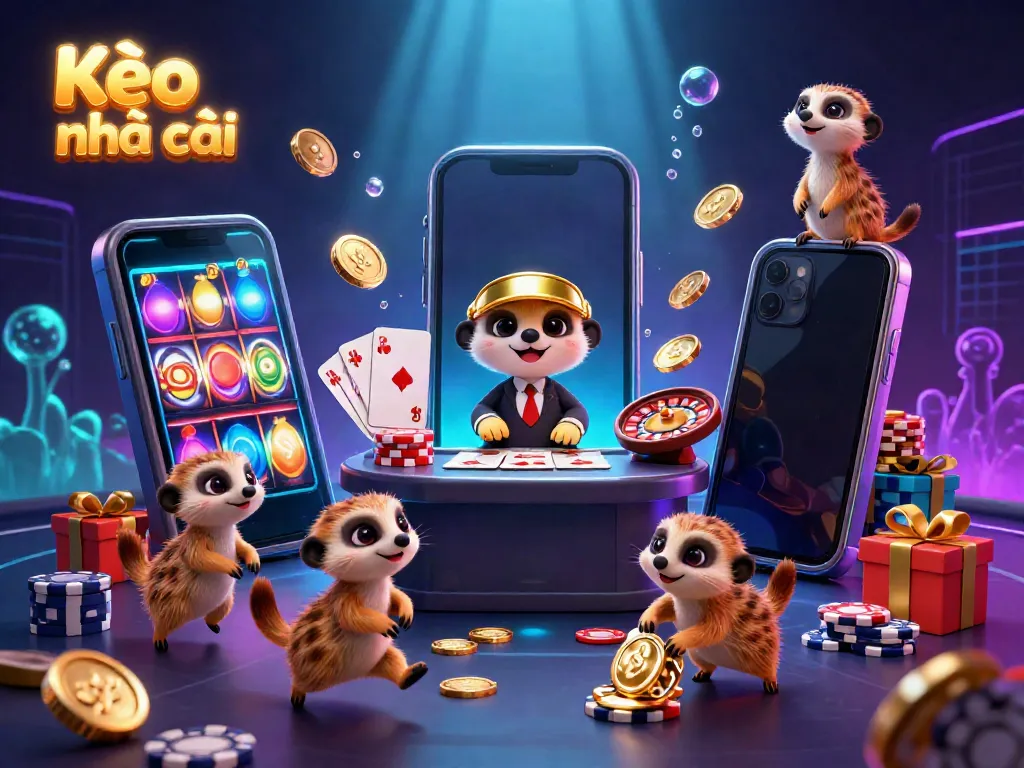 Experience the excitement at Kèo nhà cái with meerkats running a vibrant casino operation filled with games and playful elements.
