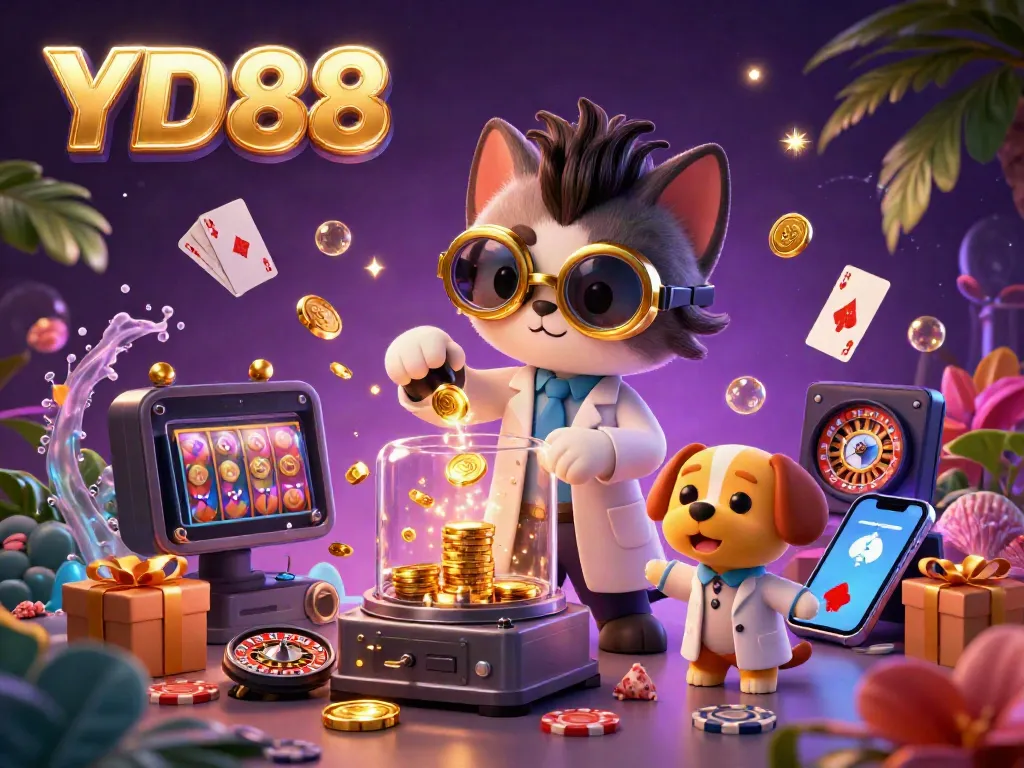 Experience exciting gameplay at YD88 with vibrant slot games and golden coins erupting in a lively scene.