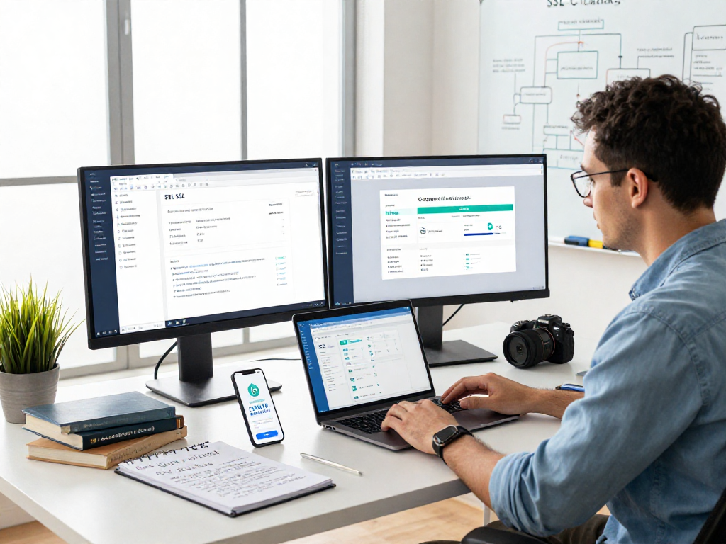 Expert managing certificados ssl on dual monitors in a modern workspace, focused and productive.