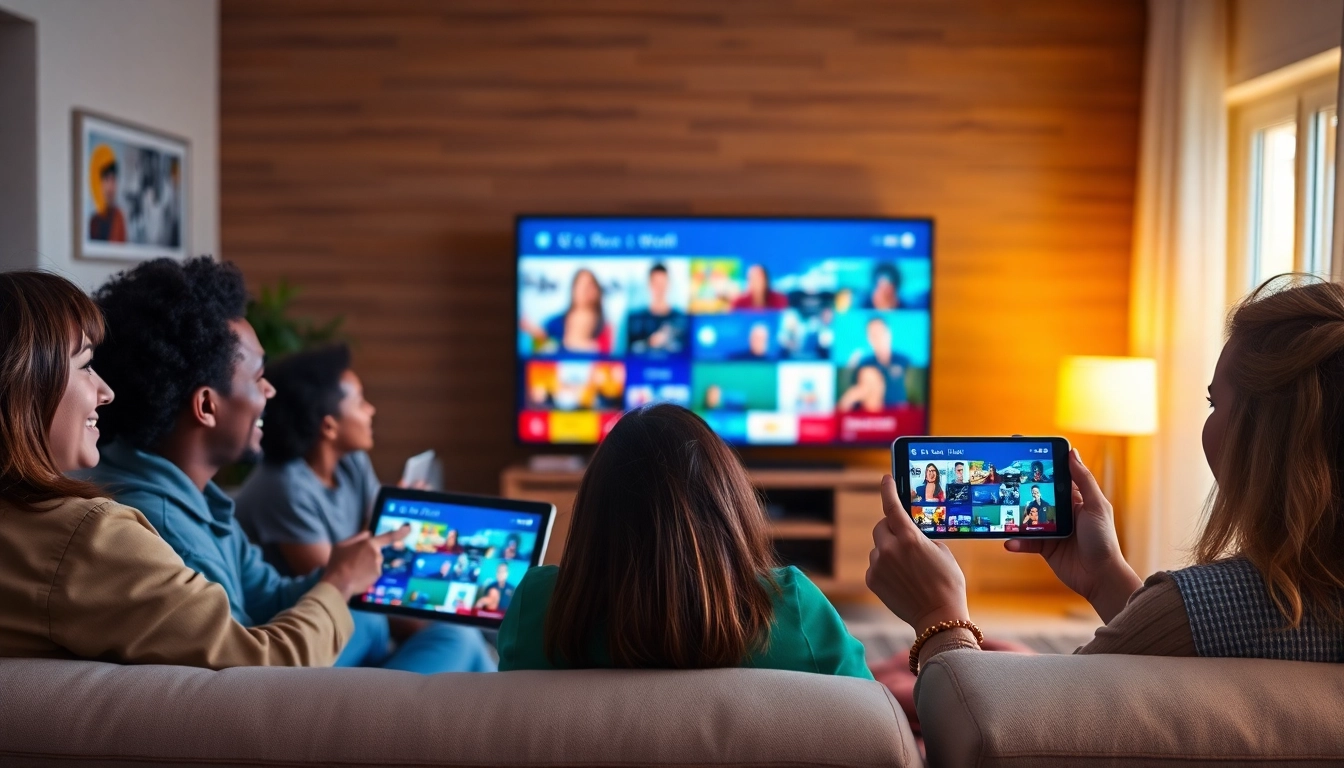 Engaging IPTV provider in US depicted with diverse people enjoying streaming on various devices.