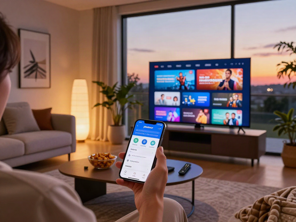 Person exploring the pikashow apk interface on smartphone in a cozy home setup.