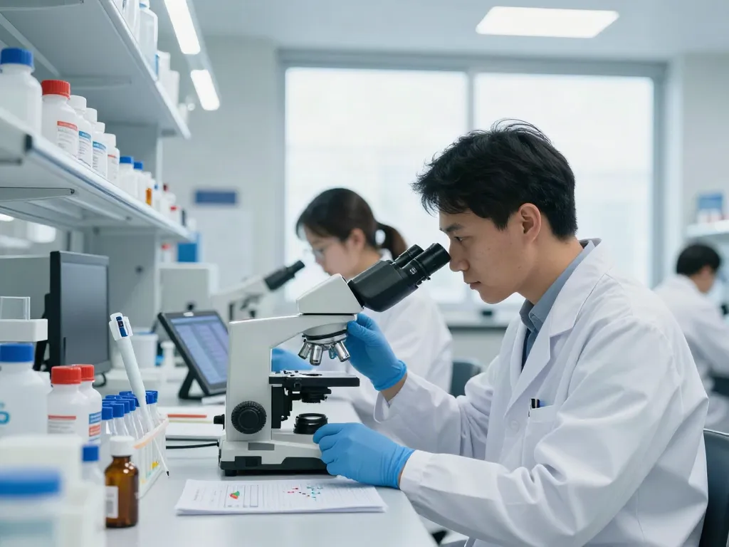 Researchers examining peptide samples and data in a high-tech lab, representing most trusted peptide vendors.